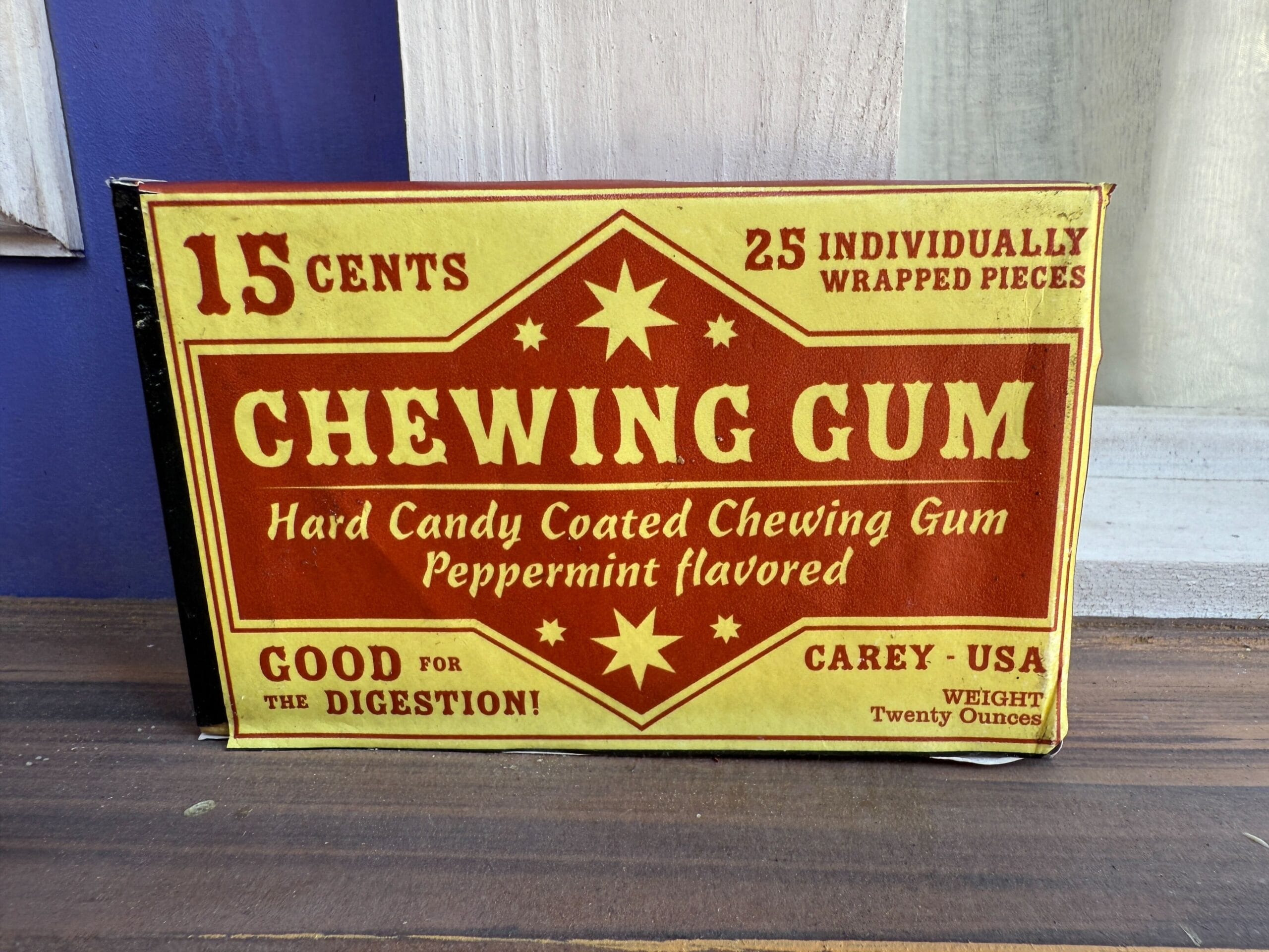 Vintage chewing gum box labeled "Chewing Gum, 15 cents, peppermint, 25 pieces, good for digestion, Carey-USA.