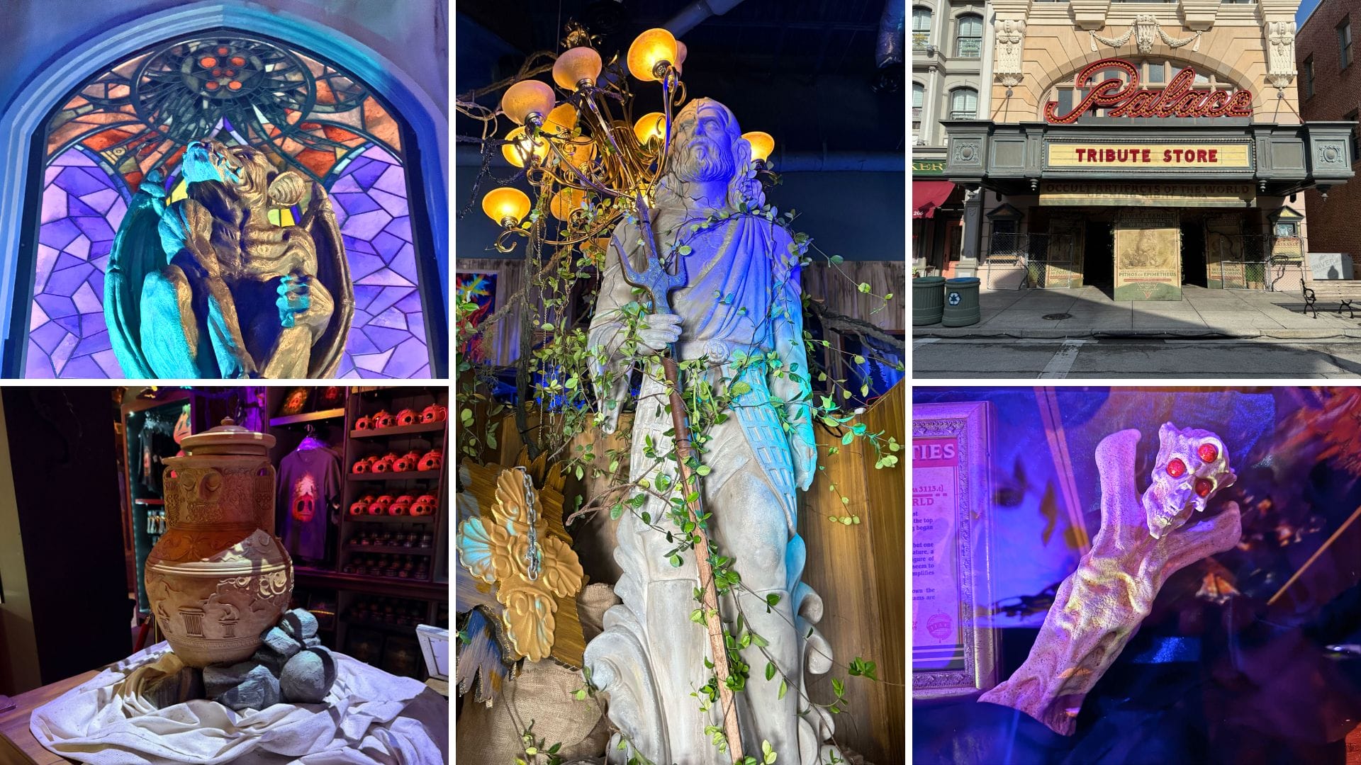 Collage of stained glass, pottery, and a glowing hand prop from the Halloween Horror Nights 2025 Tribute Store.