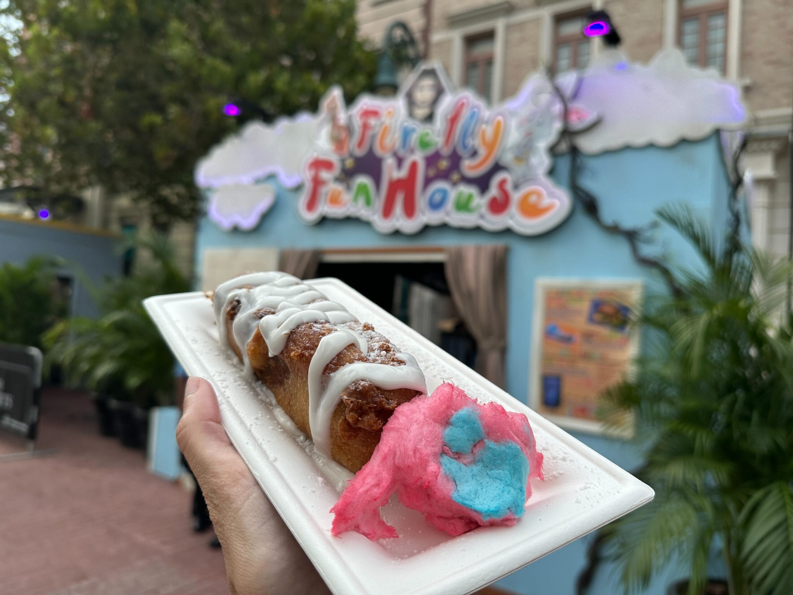 A hand holds a dessert topped with icing and cotton candy in front of a colorful "Firefly Fun House" sign.