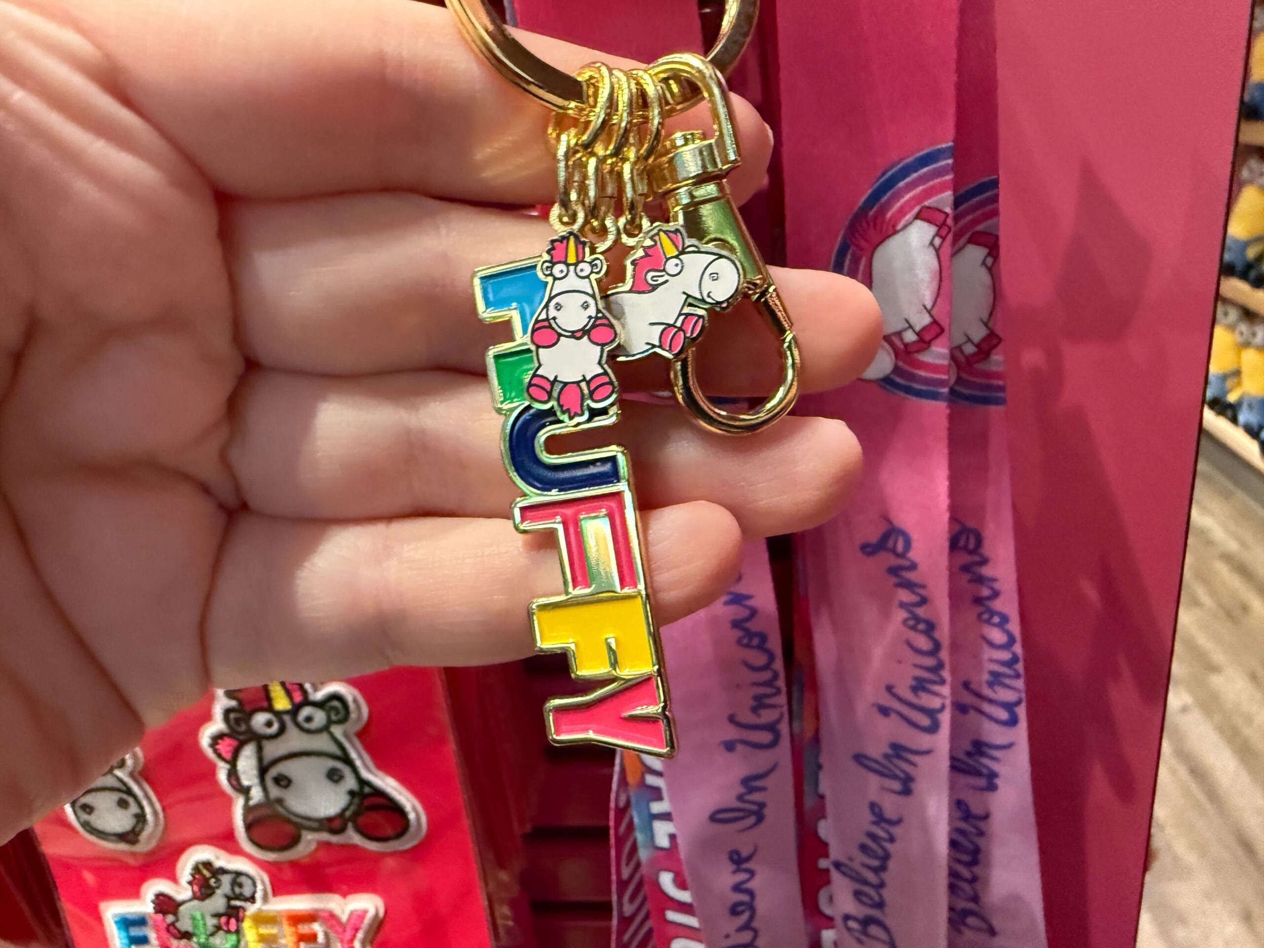 A hand holds a colorful Fluffy Unicorn keychain with "FLUFFY" and a cartoon unicorn on it.