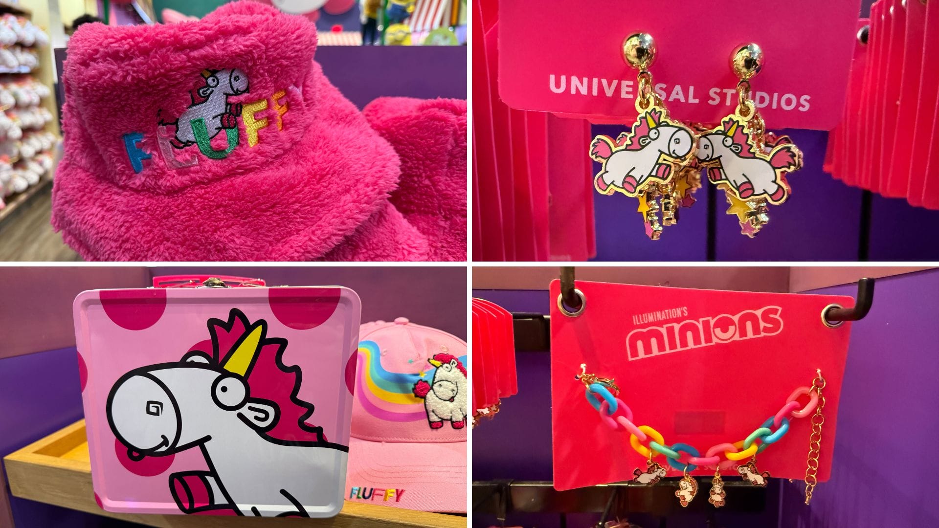 Merchandise featuring Agnes' Fluffy Unicorn from Despicable Me: slippers, earrings, bag, hat and a Minions bracelet.