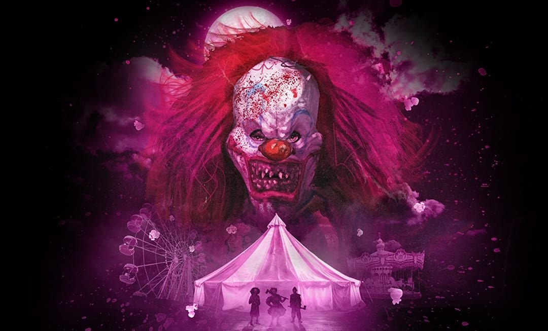 A sinister clown face looms above a circus tent at night with three children standing in front, all in eerie purple tones.