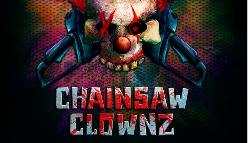A scary clown face with red eyes and chainsaws, perfect for the Scare Zone at Halloween Horror Nights 2025.
