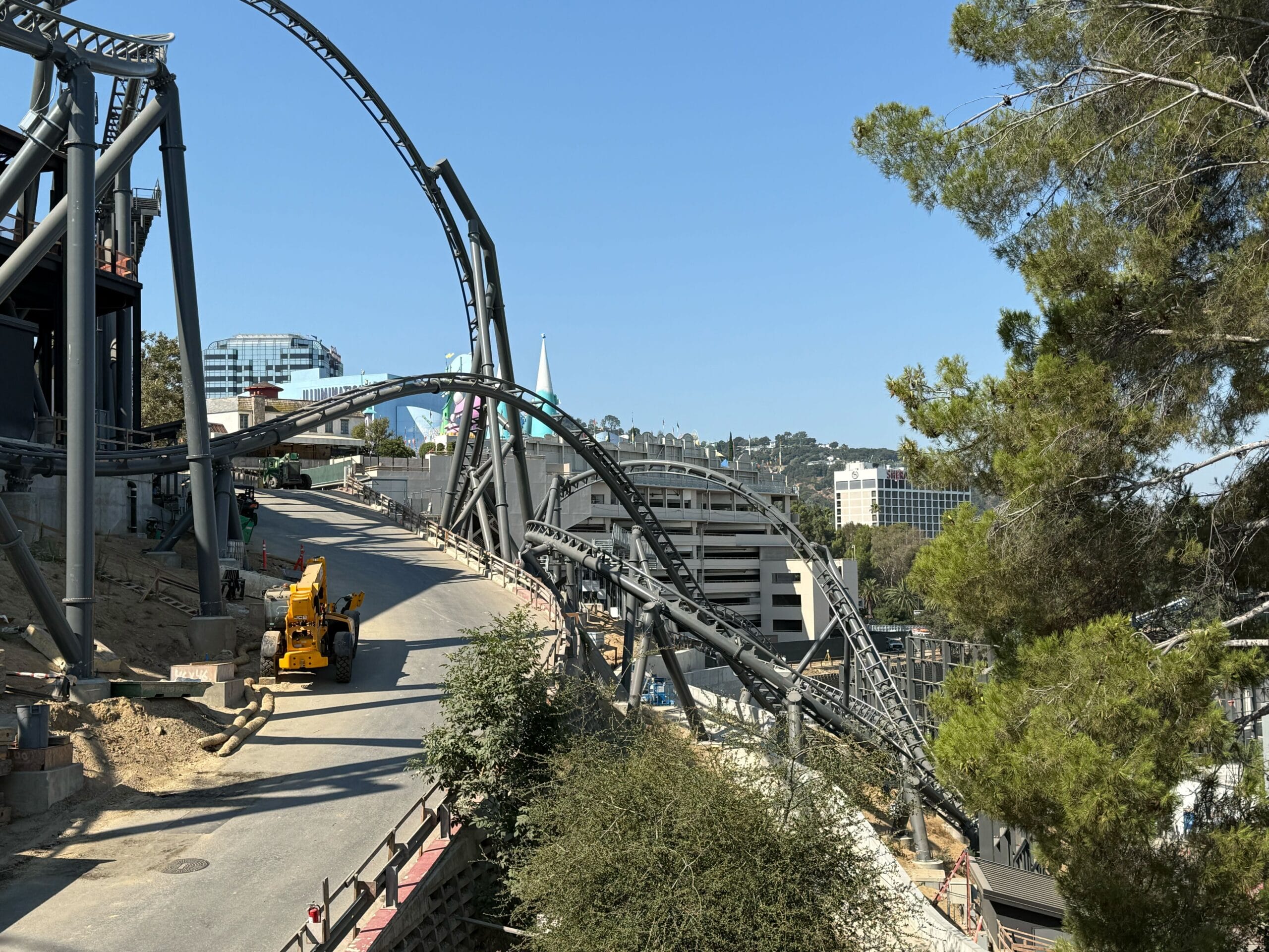 Curving roller coaster track under construction at Universal Studios Hollywood, inspired by Fast & Furious: Hollywood Drift.