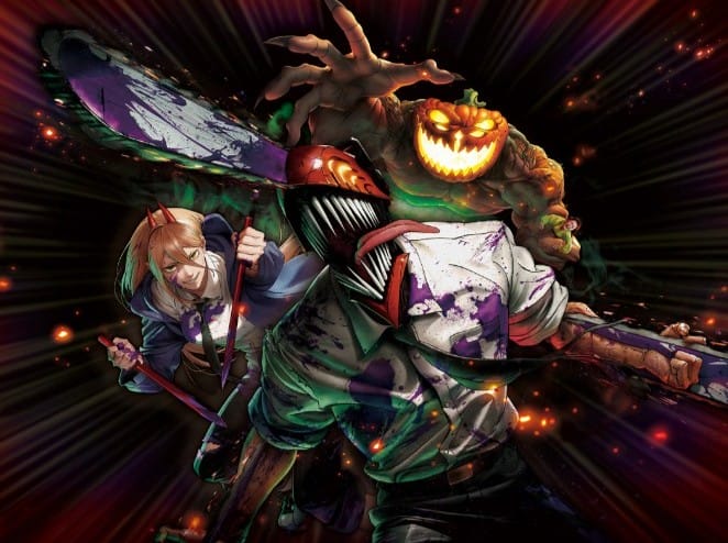 Chainsaw Man battles a pumpkin-headed foe in a dynamic scene, perfect for Halloween Horror Nights 2025.