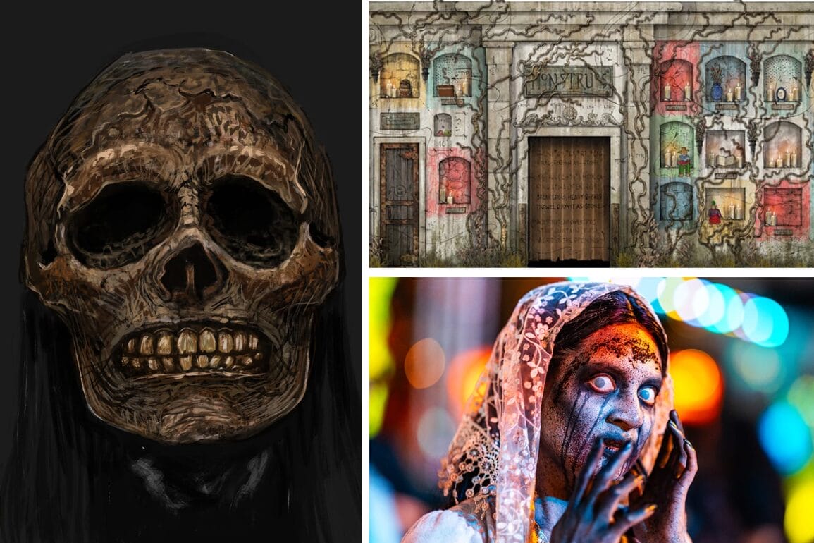 A skull illustration, haunted facade, and a veiled zombie from Monstruos 3: Ghosts of Latin America.