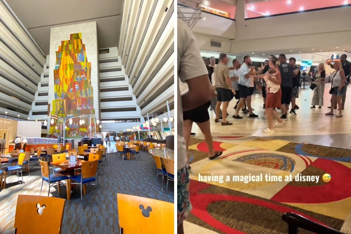 Left: Disney Contemporary Resort lobby with tall mural. Right: Guests having a magical time at Disney—no viral video drama here!