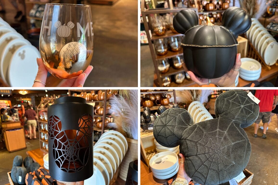 Collage of Disney-themed Halloween home decor, featuring a wine glass, popcorn bucket, lantern, and spiderweb pillow.