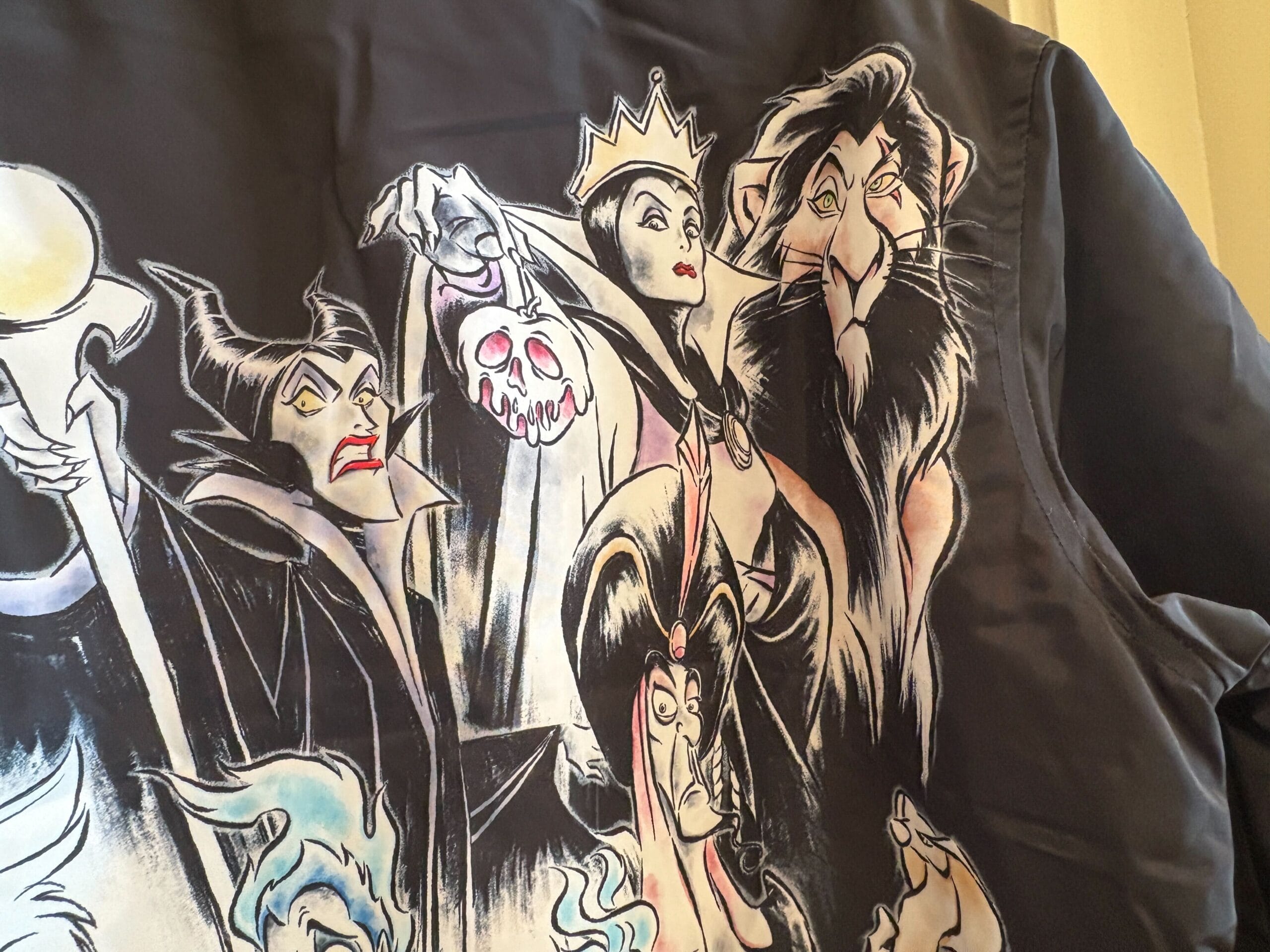 Illustration of Disney villains including Maleficent, Evil Queen, Scar, Ursula, and Jafar on a dark fabric background.