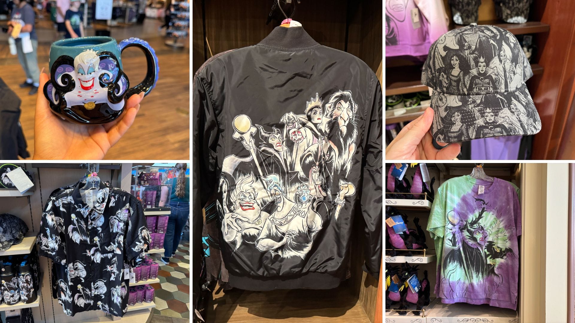 Collage of Disney Villains merchandise for Halloween 2025, including a mug, jacket, hat, and tie-dye t-shirt.