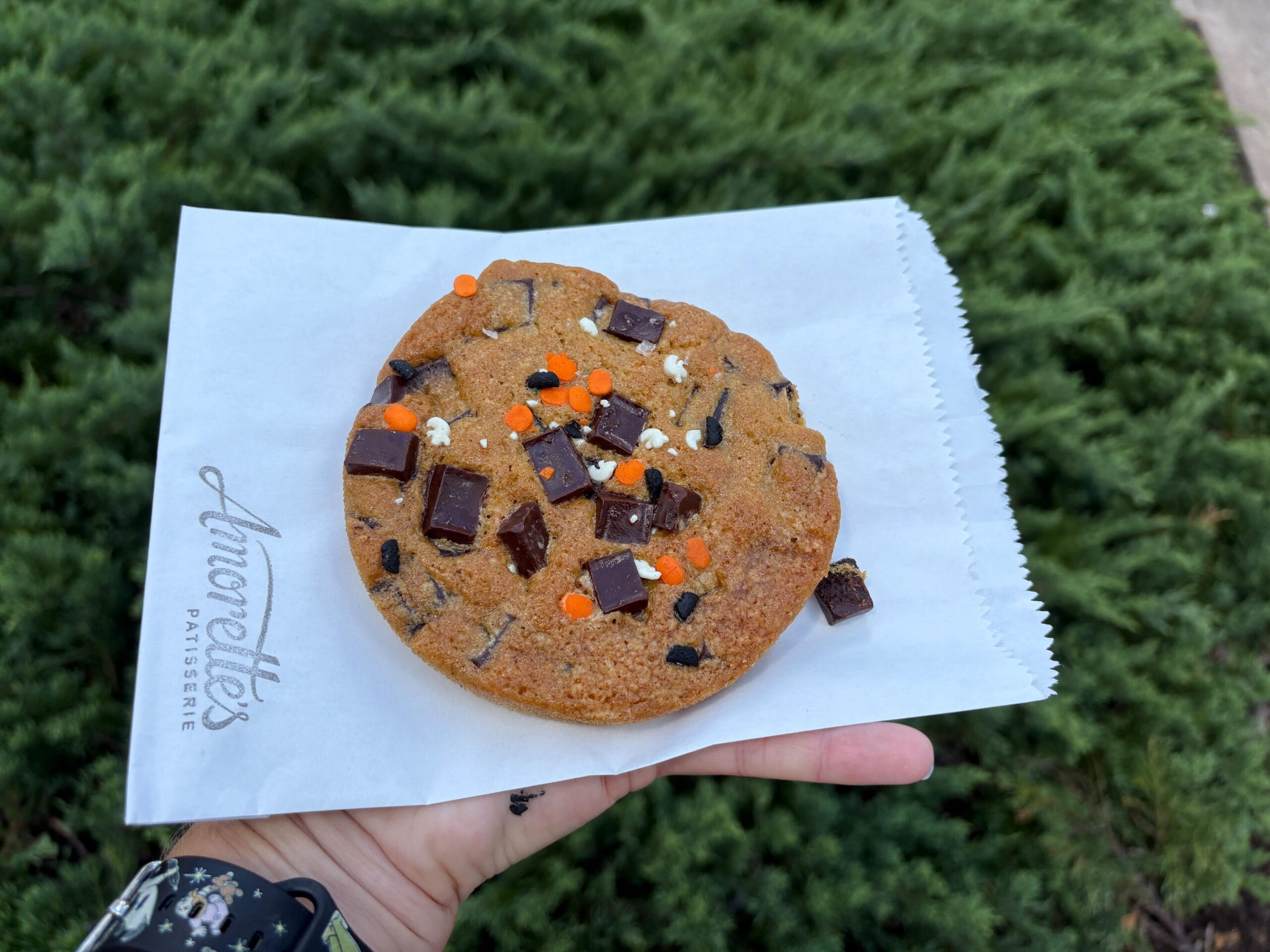 A hand holds a Halloween cookie with festive sprinkles on a white Amorette's Patisserie bag at Disney Springs.