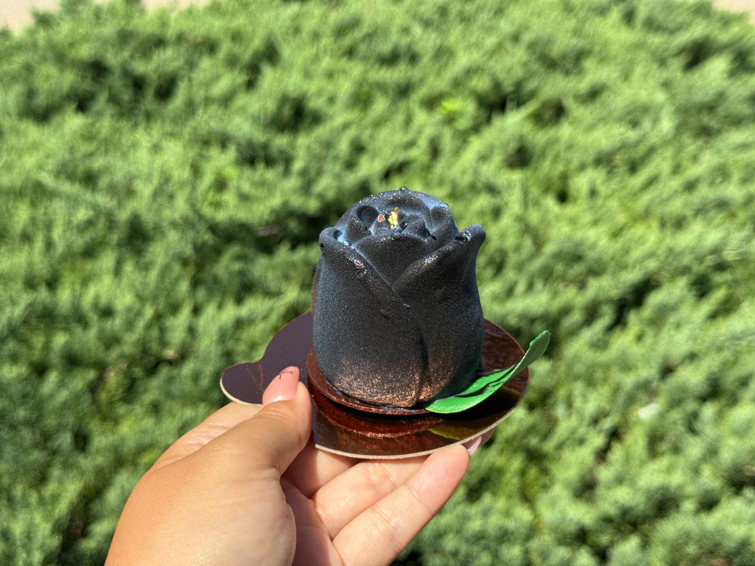 A hand holds a black rose-shaped Halloween dessert with gold accent at Disney Springs, against a blurred green background.
