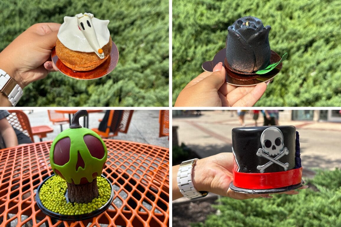 Four unique Halloween-themed desserts—ghost, black rose, poison apple, skull cake—served outdoors at Disney Springs.
