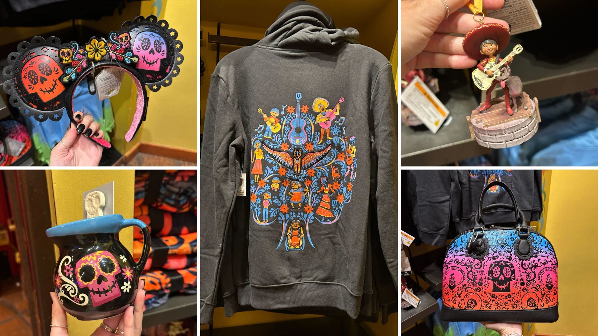 Collage of colorful Coco-themed EPCOT merch: Minnie ears, mug, ornament, hoodie, and purse with Day of the Dead designs.