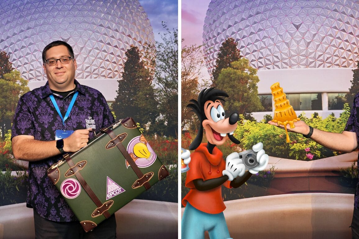 A man with a suitcase stands at Epcot, while Goofy snaps a Disney PhotoPass near a yellow tower model.