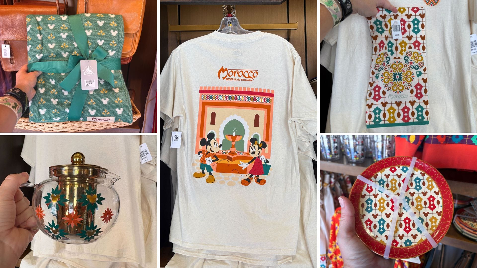 Collage of Moroccan-themed Disney merchandise from the Morocco Pavilion at EPCOT, featuring shirts, mugs, and Mickey Mouse decor.