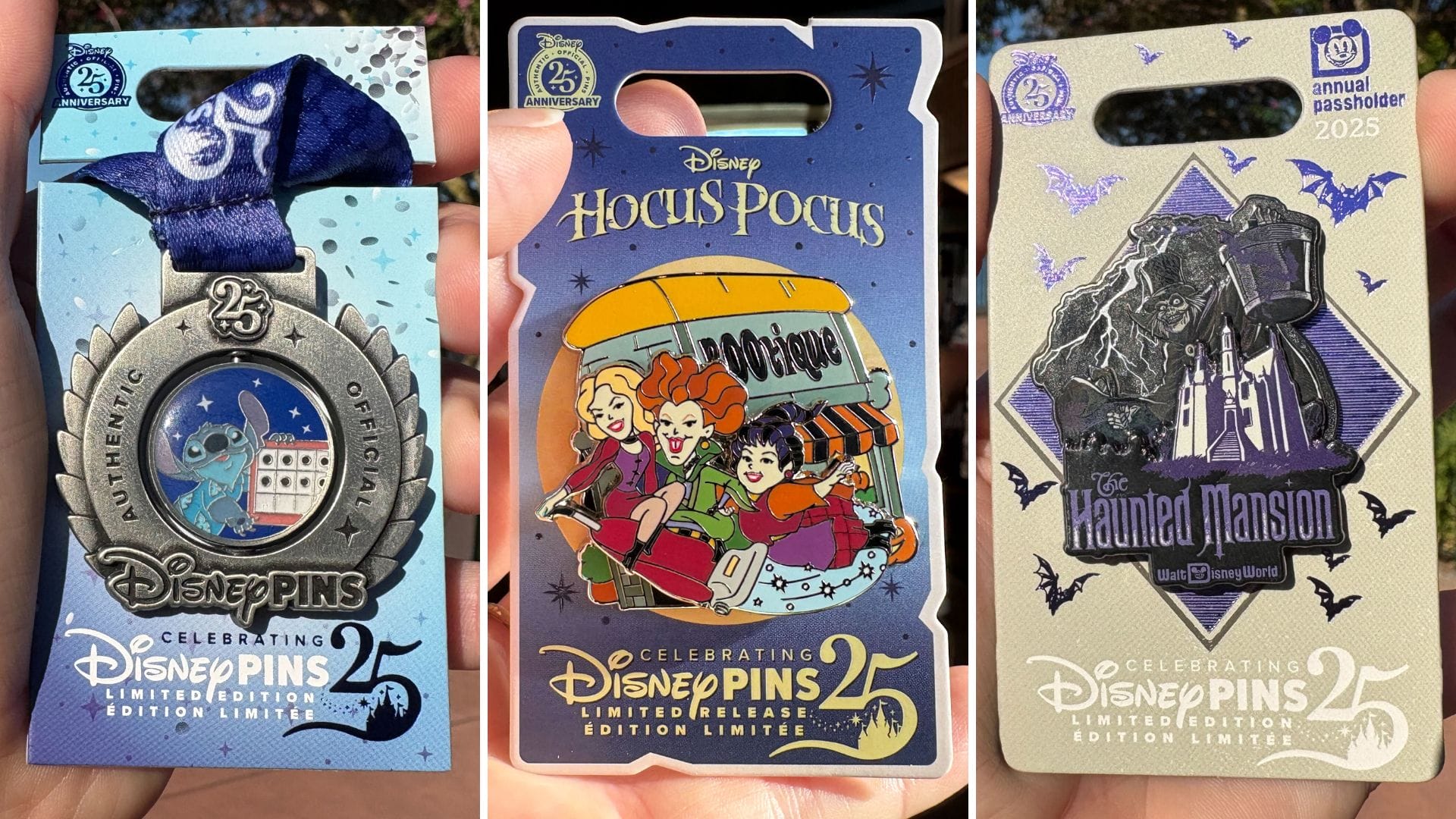 Three limited edition Disney 25th anniversary pins: Small World, Hocus Pocus, and Hatbox Ghost Pins.