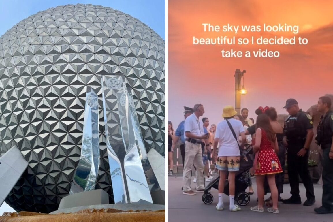 Left: Geodesic sphere and glass sculptures. Right: Security and police with people, some in costumes, at EPCOT sunset.