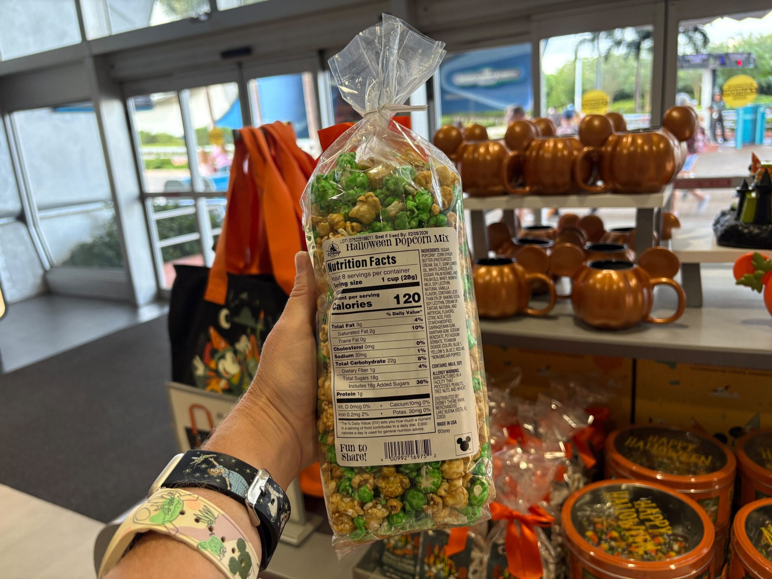 A hand holds Disney Halloween Merch: a green and orange popcorn bag with a 2025 label inside a Walt Disney World store.