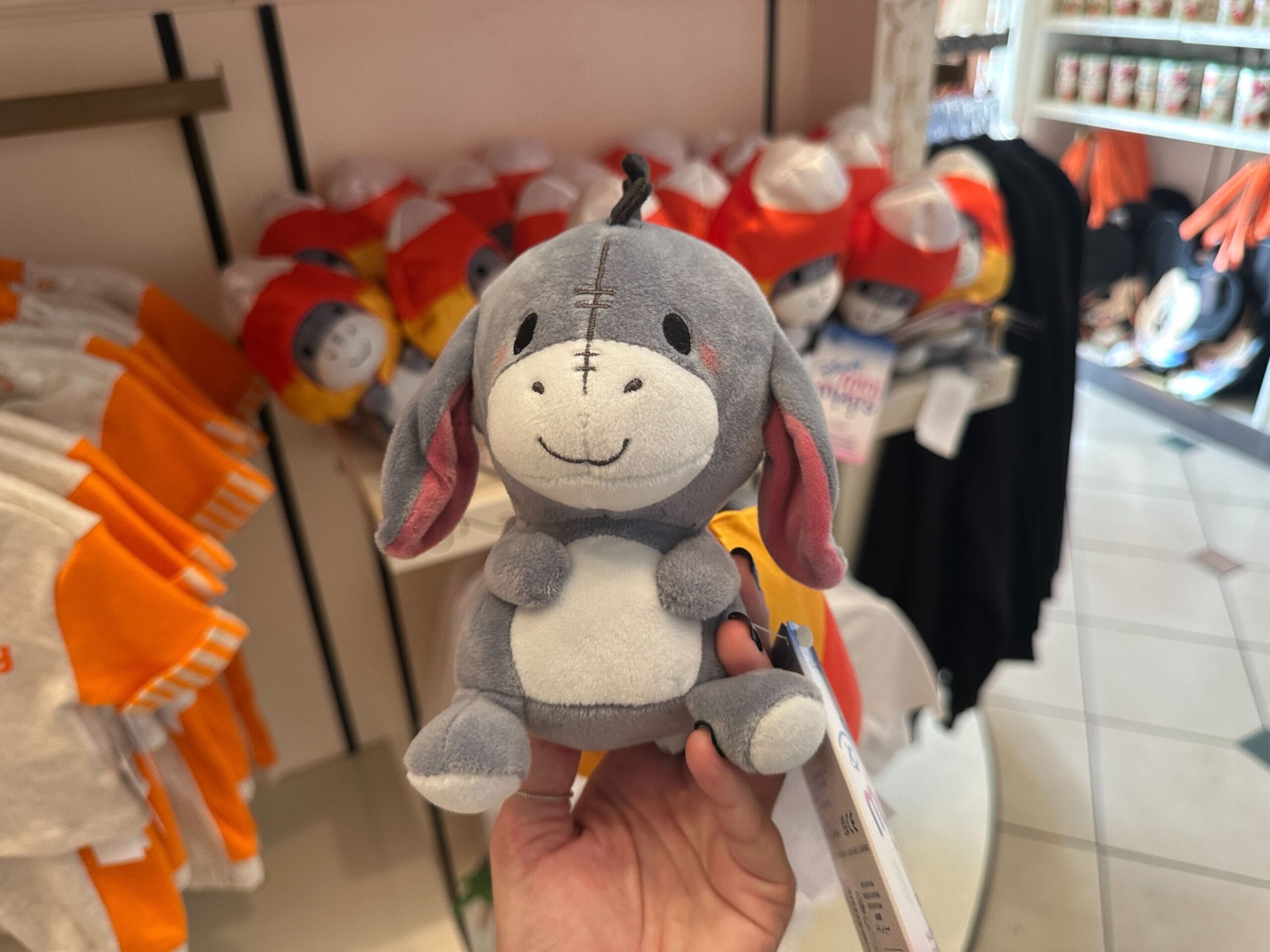 A hand holds a small plush Eeyore toy at Walt Disney World, surrounded by plush toys and clothes in the background.