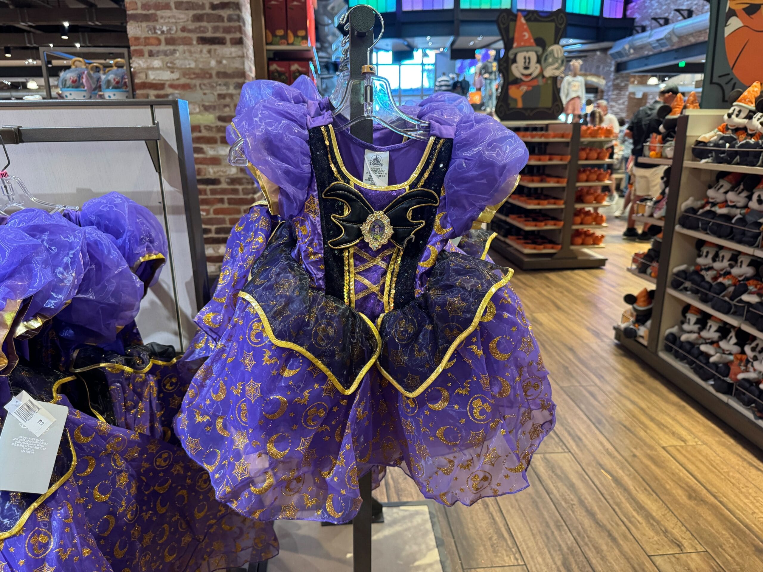 Purple and black princess dress with gold accents, part of Walt Disney World Halloween merchandise, hangs on a rack.