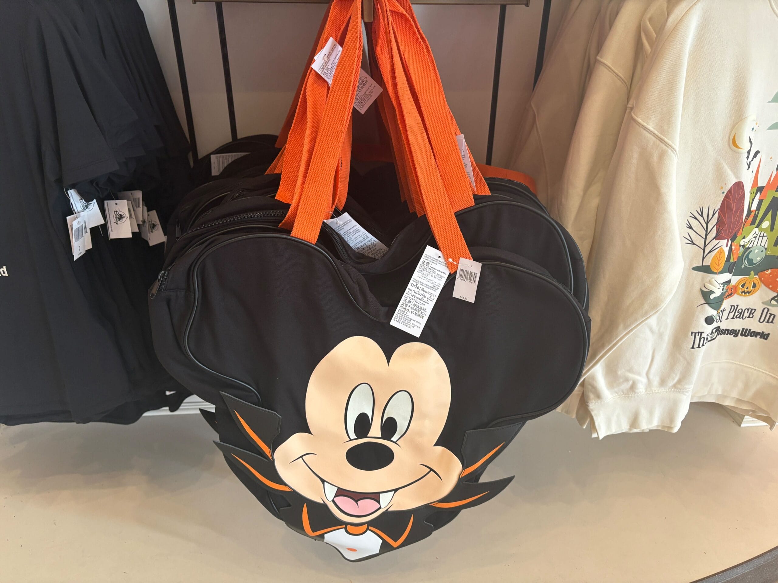 Heart-shaped Halloween merchandise bag with Mickey Mouse as a vampire, on display at Walt Disney World.