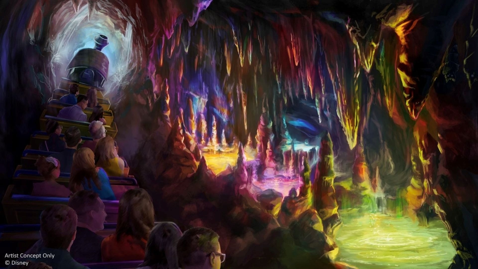 In the opening scene, people ride a train through a glowing cave on Big Thunder Mountain Railroad in Magic Kingdom.