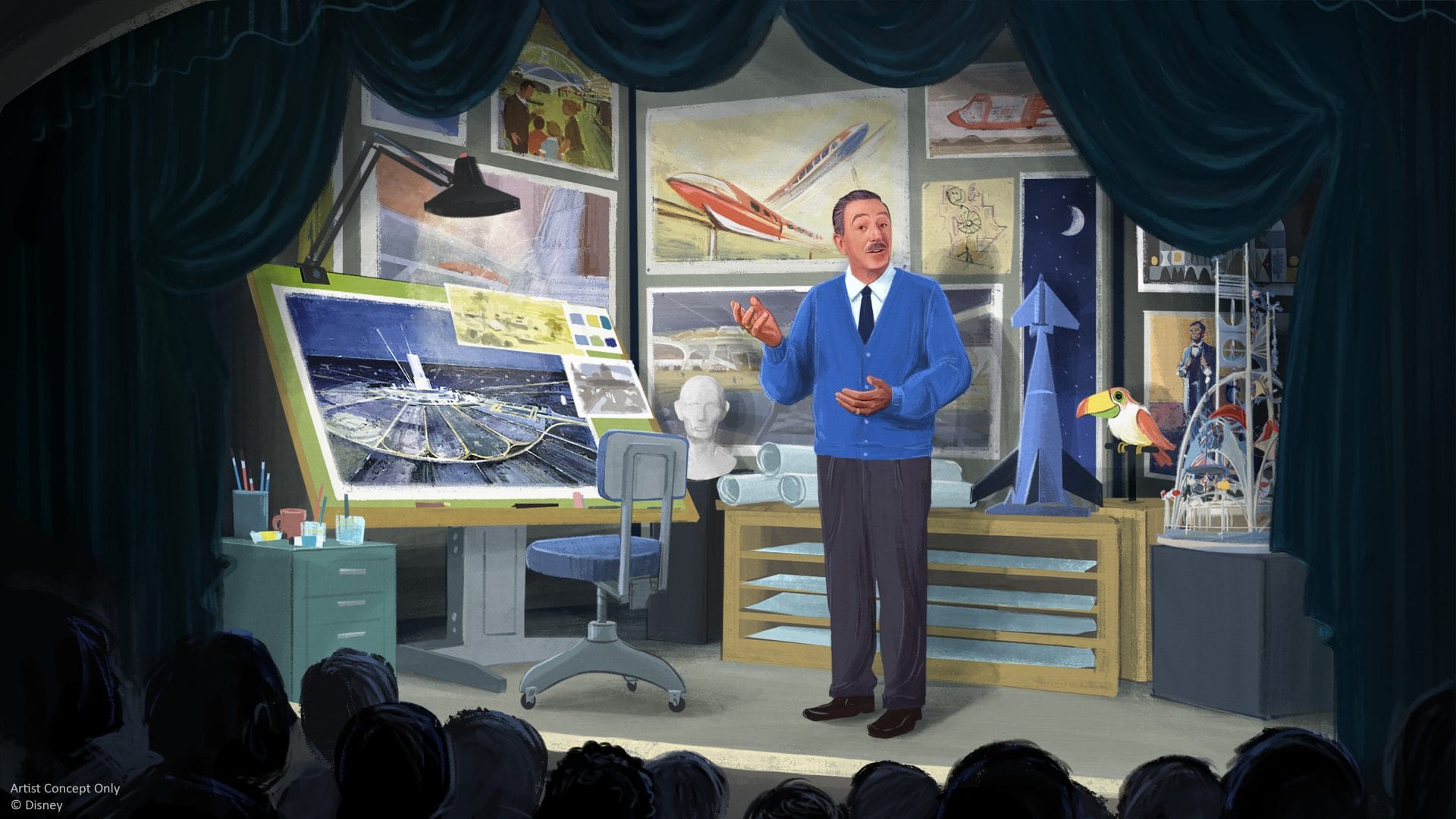 An artist on stage presents space exploration models; a Carousel of Progress poster and rockets fill the Magic Kingdom backdrop.
