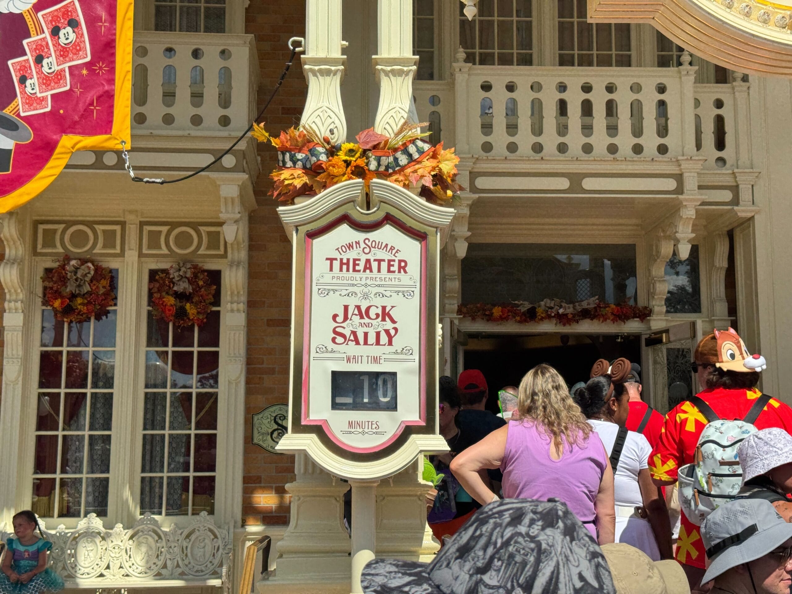 Guests line up at Town Square Theater for Jack and Sally character appearances during Mickey's Not So Scary Halloween Party 2025.