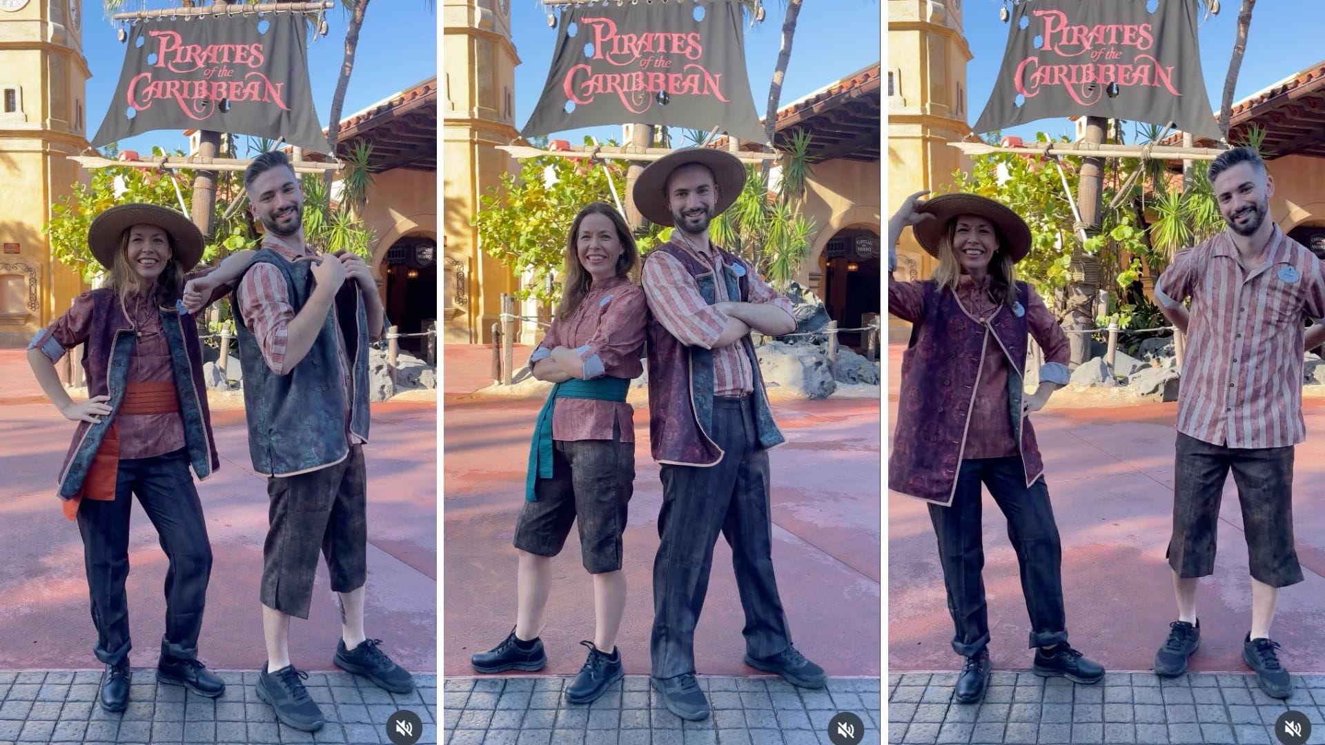 Three people in cast member costumes pose and smile by the Pirates of the Caribbean sign at Magic Kingdom.