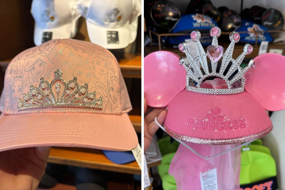 Two pink Disney Princess hats: a Tiara Ball Cap with jewels and mouse ears with a sparkly crown, perfect for Walt Disney World.