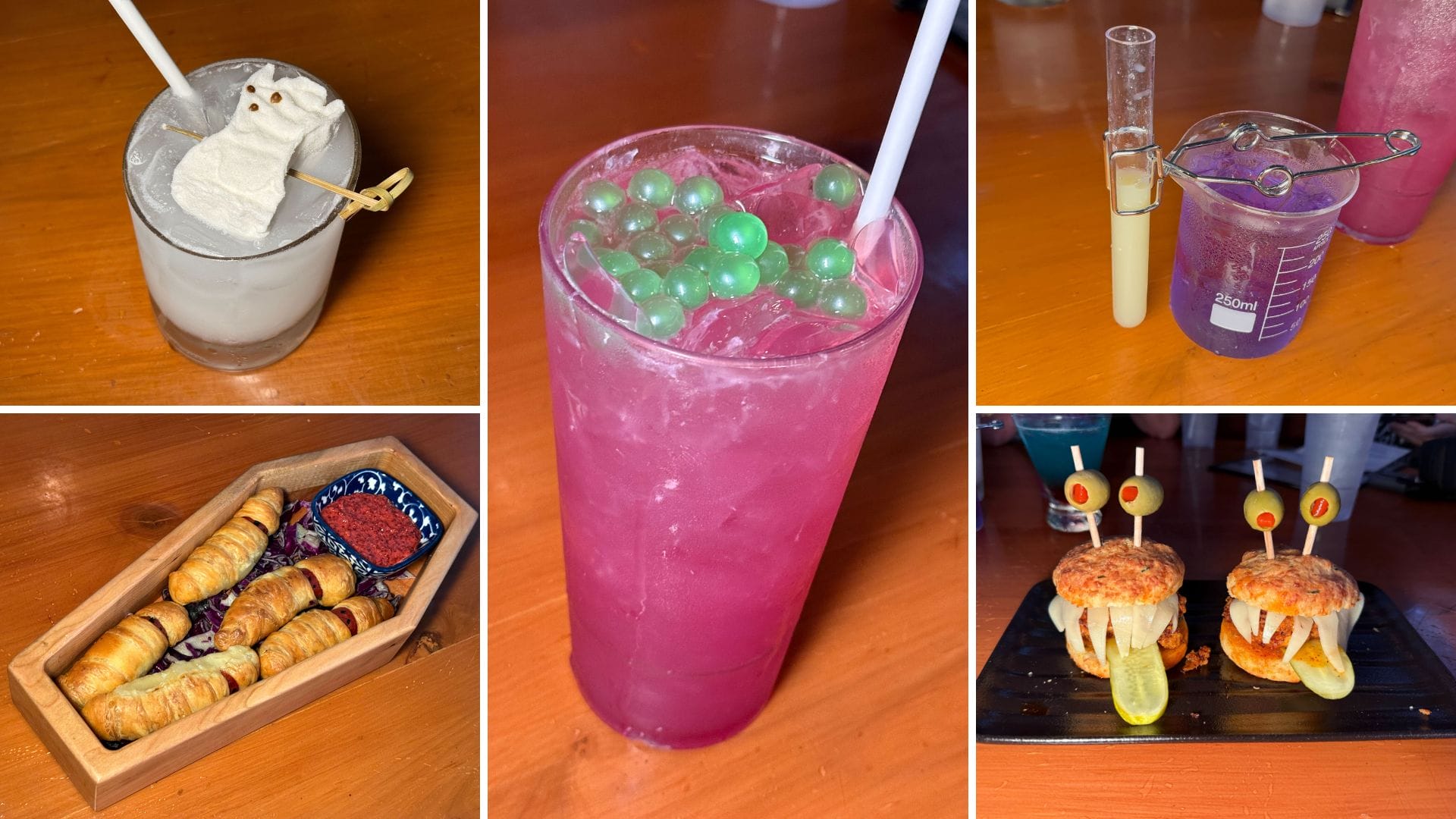 Five quirky Halloween treats at Jock Lindsey's Hangar Bar: marshmallow bear drink, bubble pink drink, test tube cocktail, snacks, sliders.