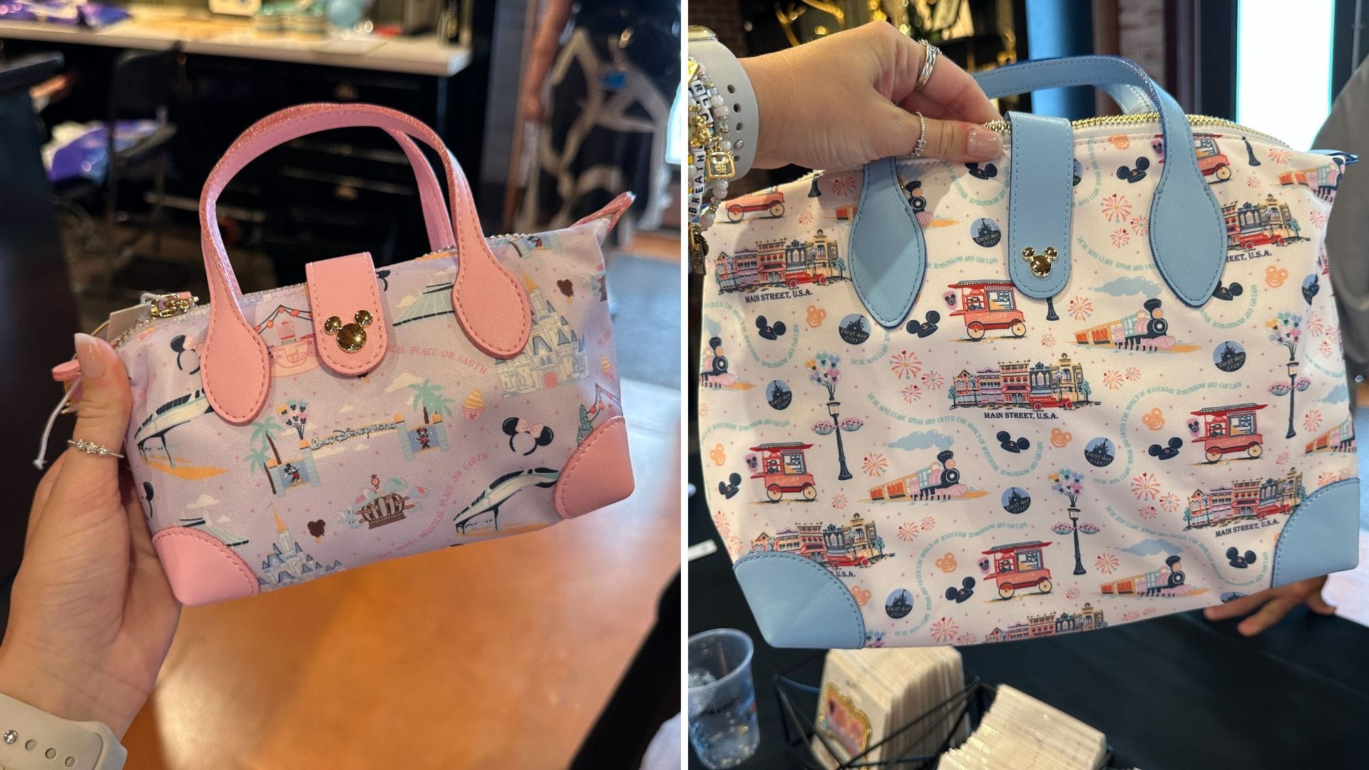 Two hands hold pastel Stoney Clover Lane Disney Parks handbags; one bag has pink trim, the other blue.