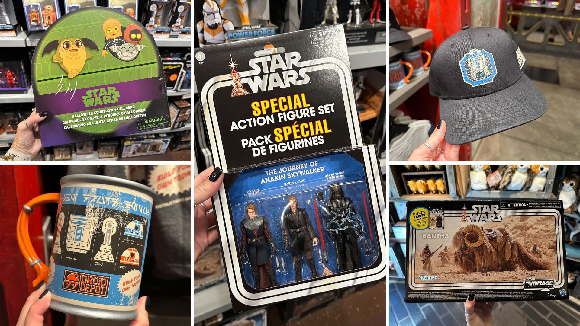Collage of Star Wars merchandise: a lunchbox, action figures, a cap, a mug, and a Bantha toy set on display.
