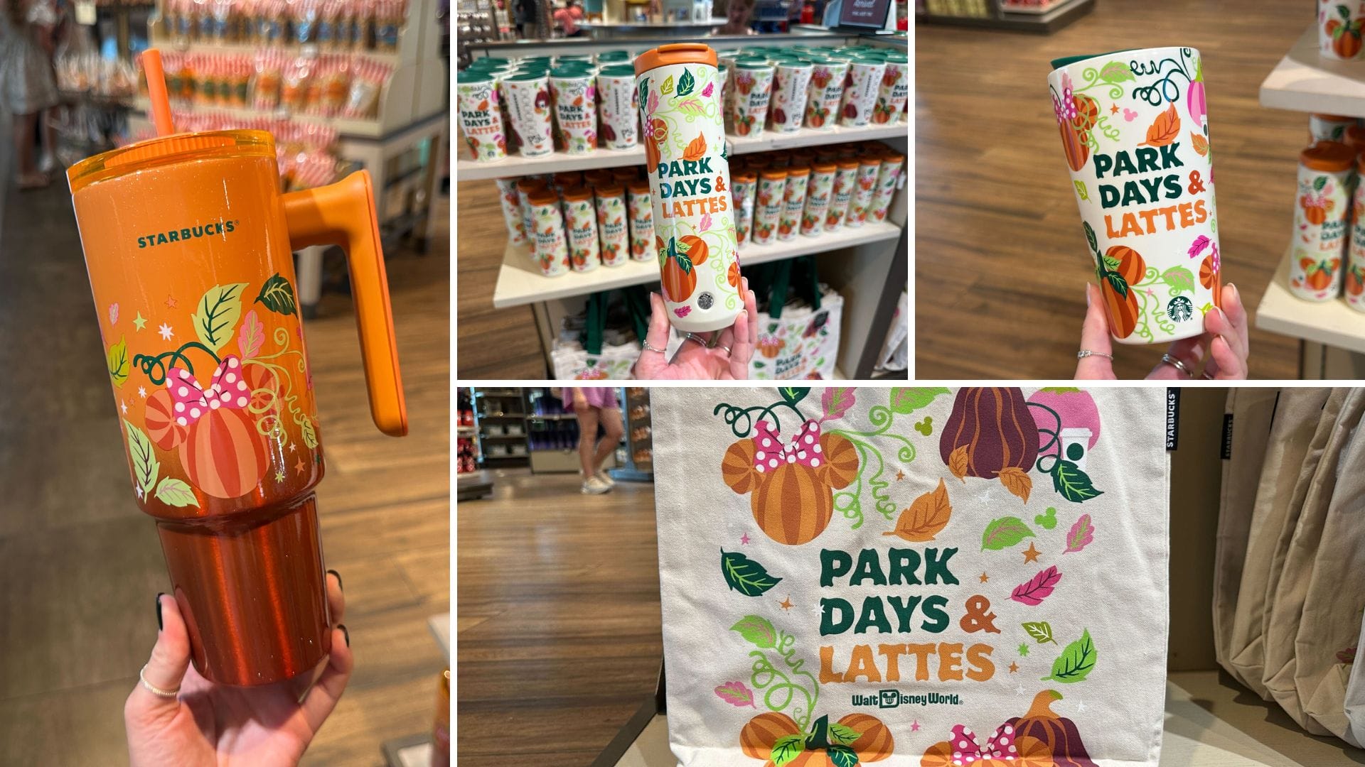 Collage of Starbucks and Disney Parks "Park Days & Lattes" fall mugs, tumblers, and tote with pumpkin spice merchandise.