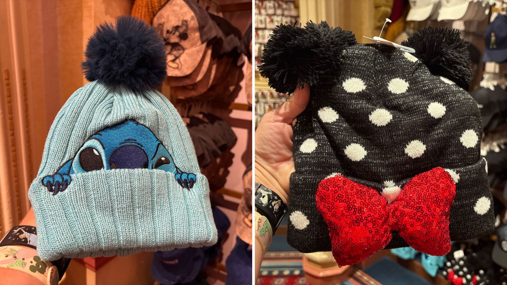 Two hands hold up Pom-Pom Ski Caps: one blue with Stitch's face, one black with Minnie’s red bow and mouse ears.