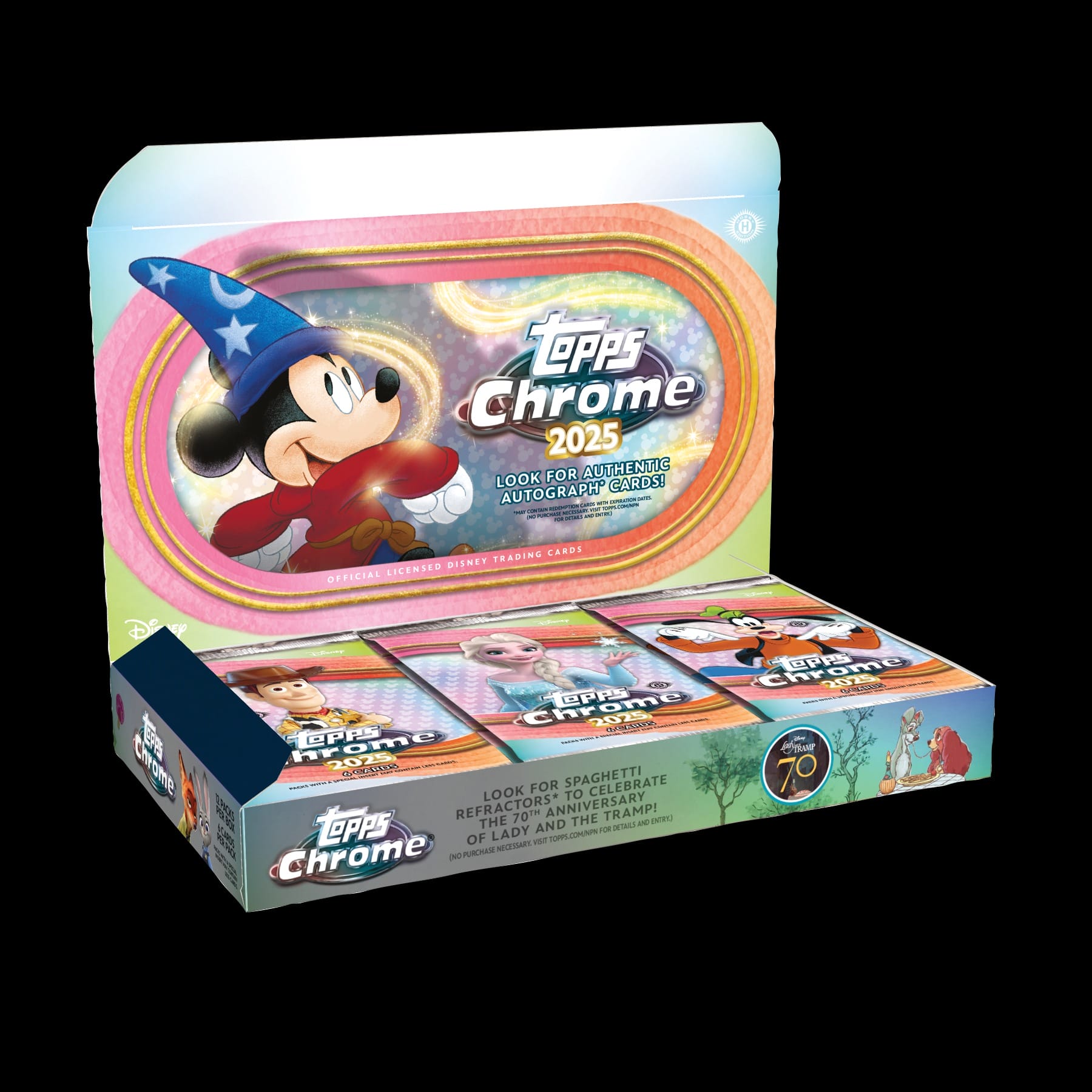 A display box of Topps Chrome 2025 MLB trading cards featuring Disney characters like Mickey Mouse and Elsa.