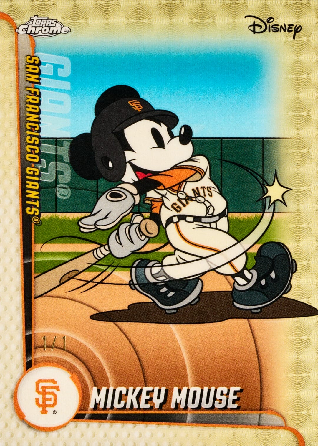 Topps Disney MLB - Disney’s Mickey Mouse in a San Francisco Giants uniform swings his bat on an MLB trading card.