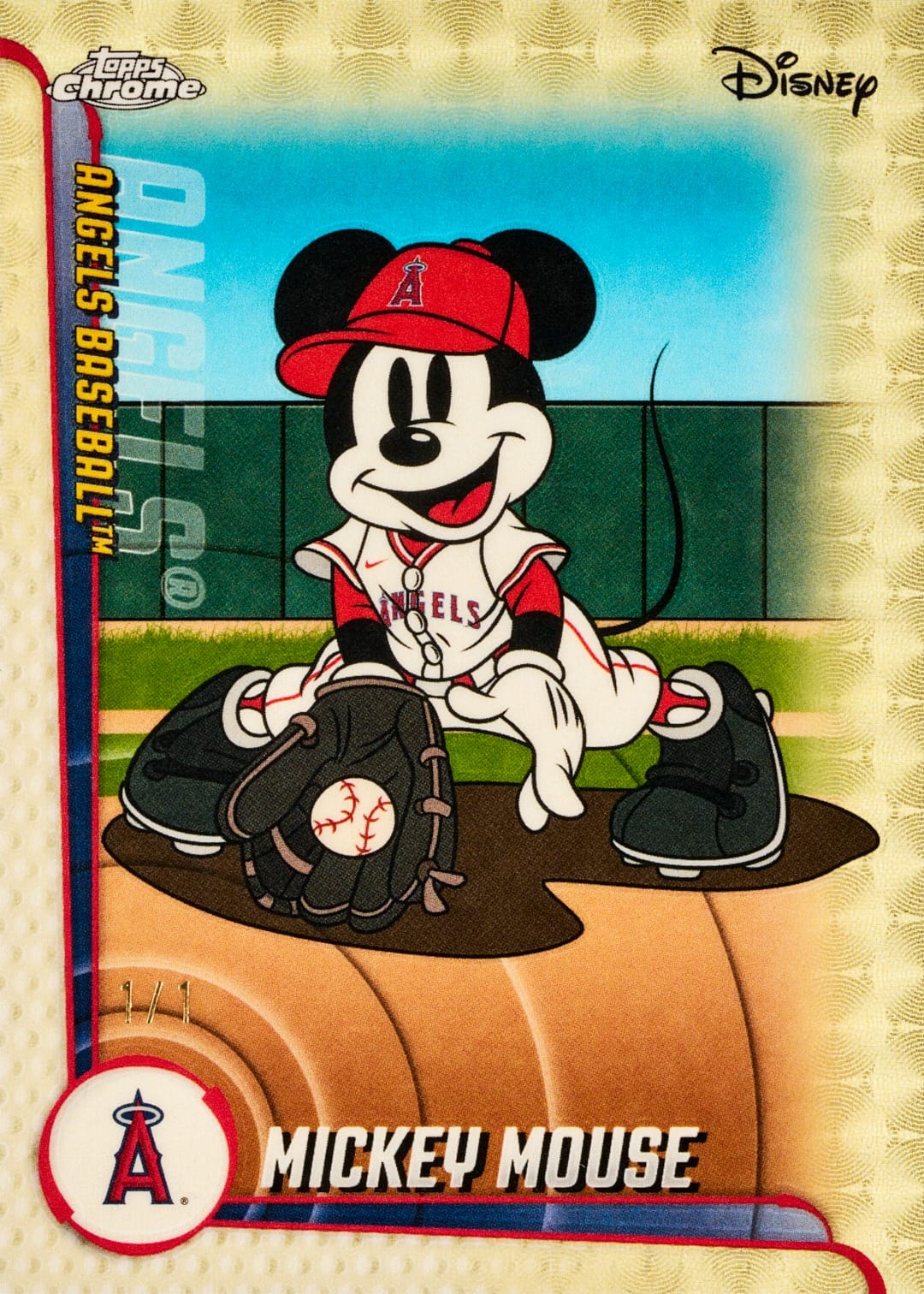 Topps Disney MLB - Disney's Mickey Mouse in an Angels uniform crouches with a glove and baseball on an MLB trading card.