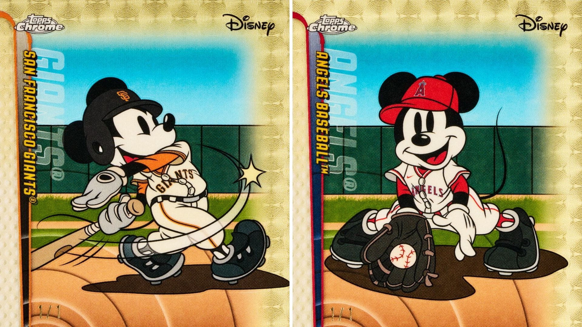 Mickey and Friends in Giants and Angels uniforms on Disney MLB trading cards from Topps Chrome.