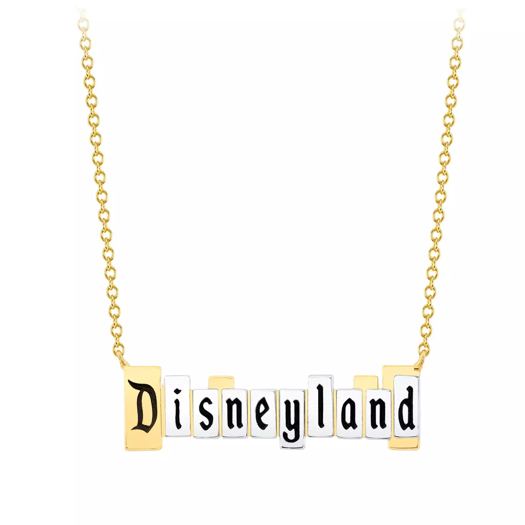 Necklace from the CRISLU Disneyland Marquee Collection with a Disneyland marquee pendant in platinum on a gold chain.
