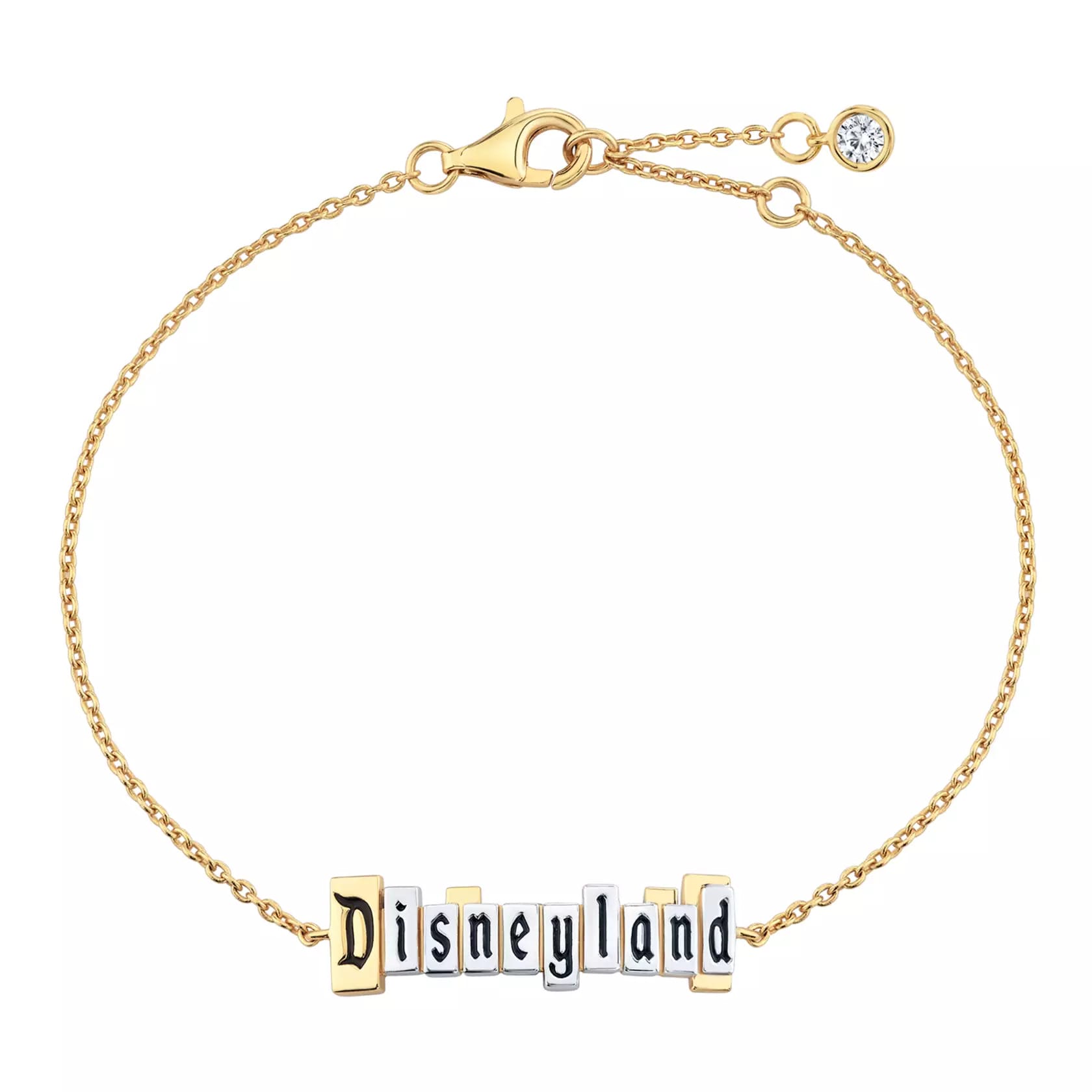 Chain bracelet from the CRISLU Disneyland Marquee Collection with a Disneyland marquee pendant in platinum on a gold chain.