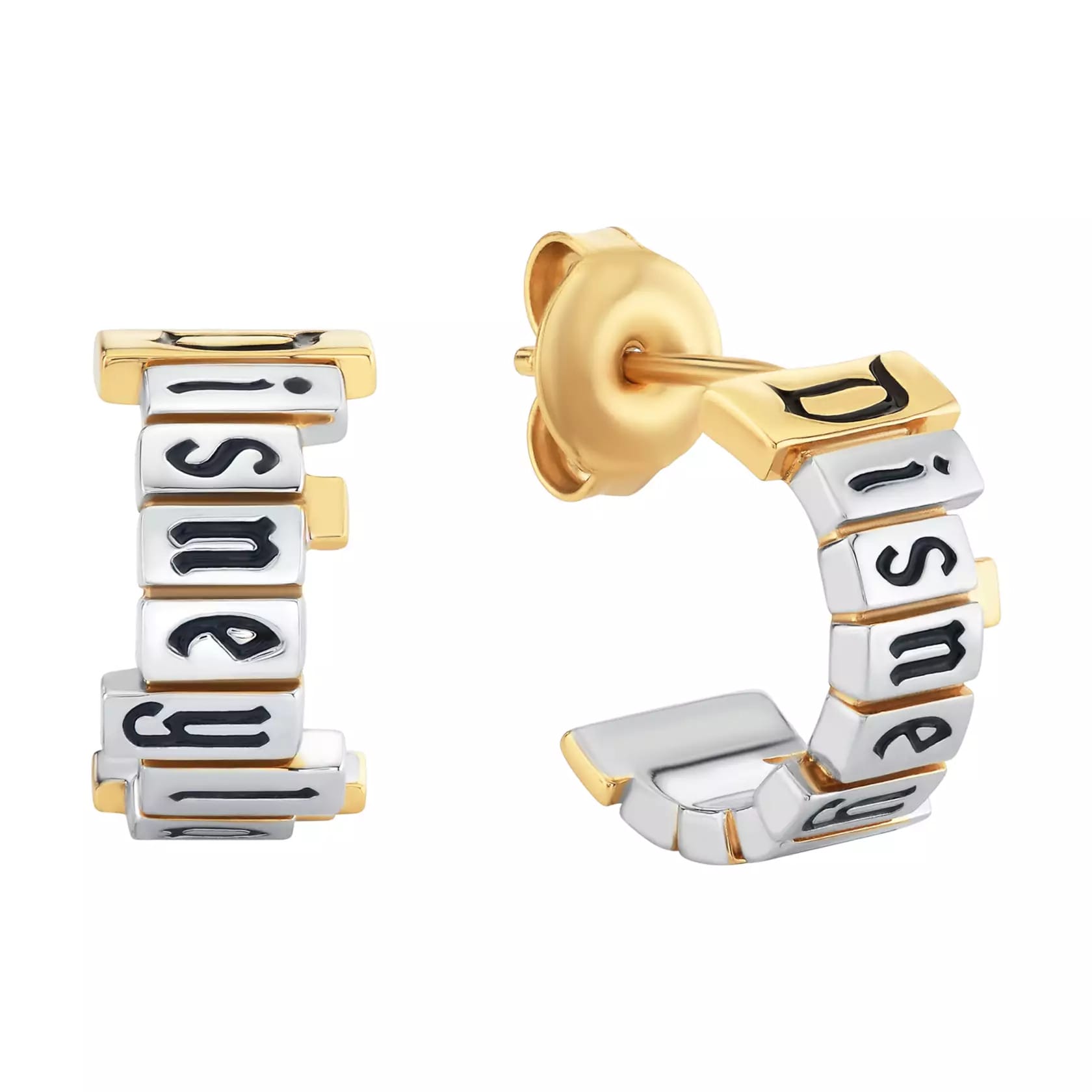 Hoop earrings from the CRISLU Disneyland Marquee Collection with the Disneyland marquee in platinum on a gold base.