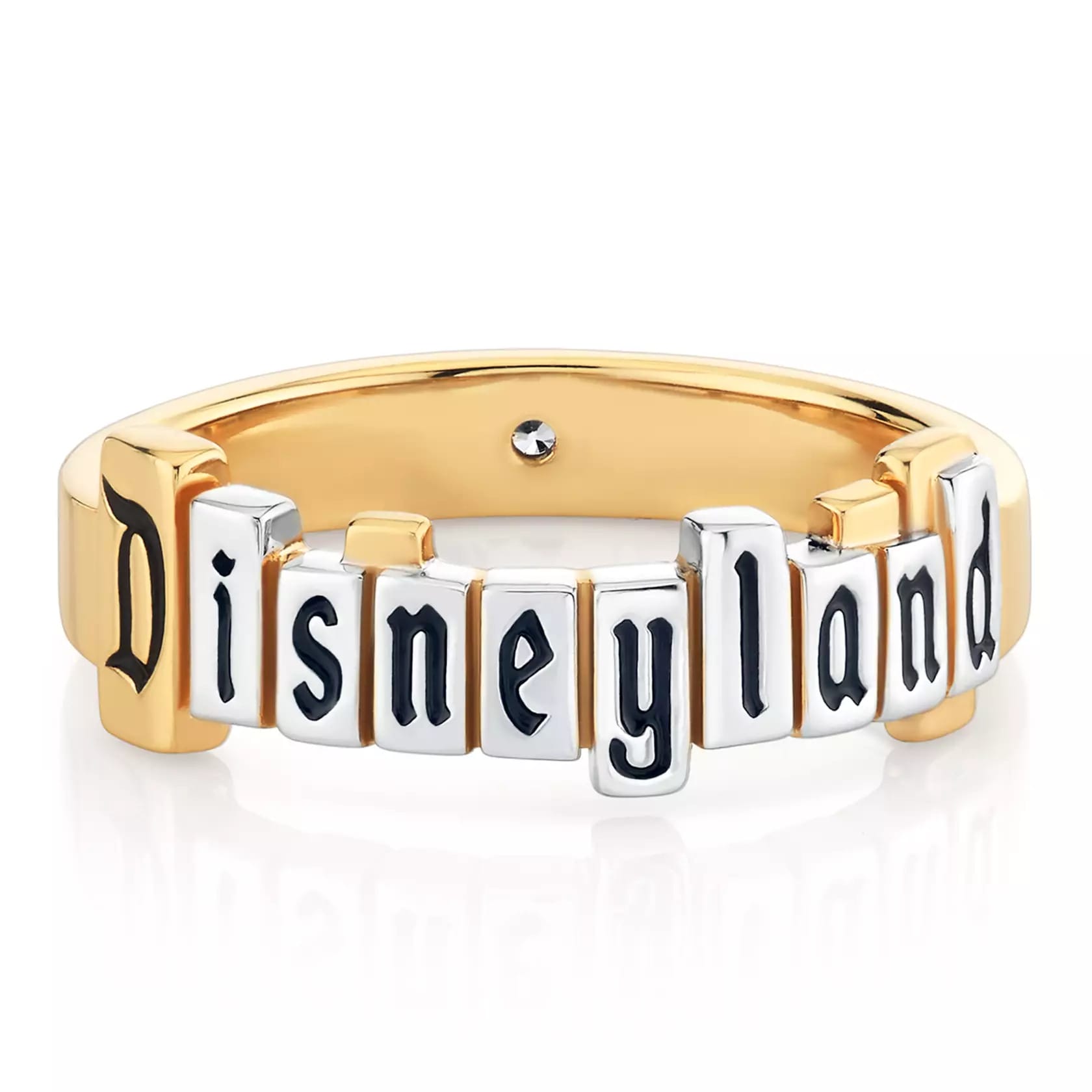 Gold ring from the CRISLU Disneyland Marquee Collection with the Disneyland marquee in platinum on a gold ring with a single cubic zirconia.