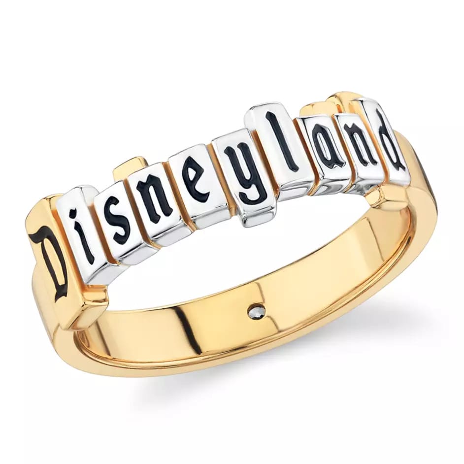 Gold ring from the CRISLU Disneyland Marquee Collection with the Disneyland marquee in platinum on a gold ring with a single cubic zirconia.