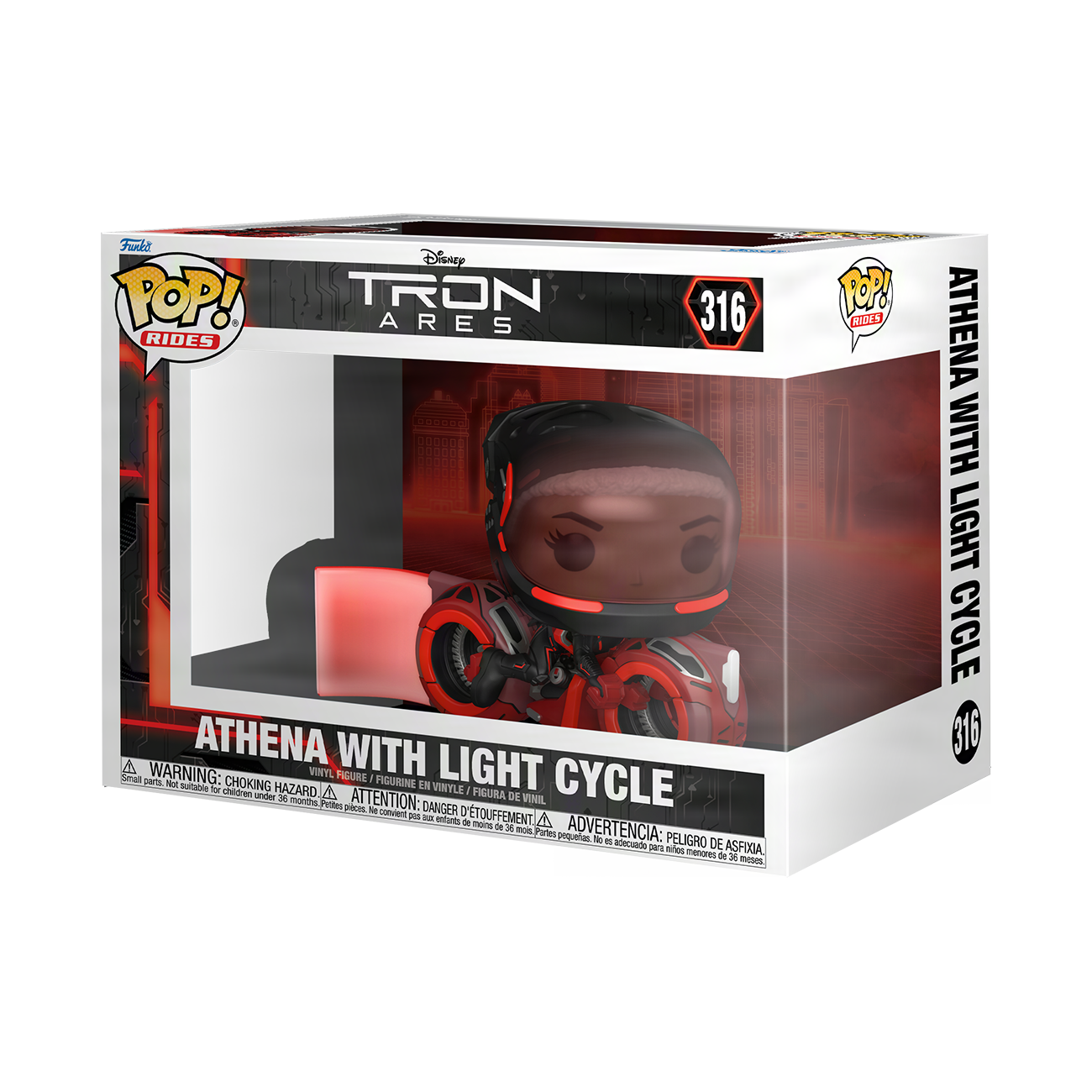 Funko Pop! vinyl figure of Athena with Light Cycle from TRON: Ares in its packaging.