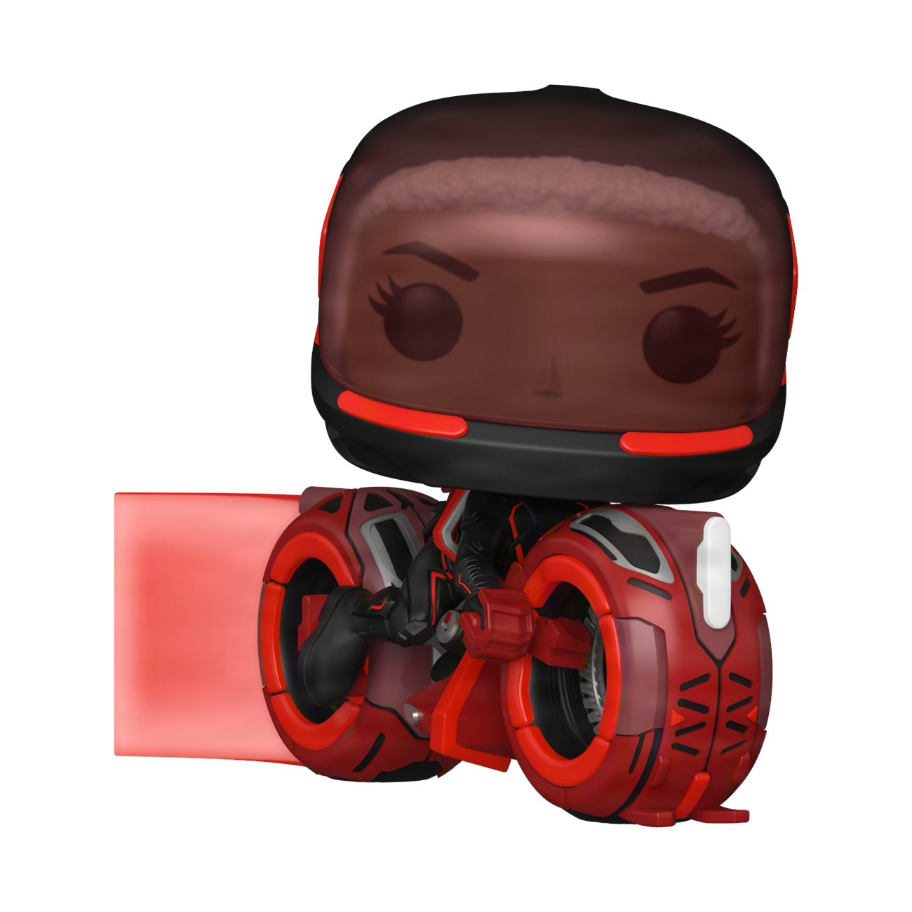 Funko Pop! vinyl figure of the TRON: Ares character Athena wearing a helmet and riding a red light cycle.
