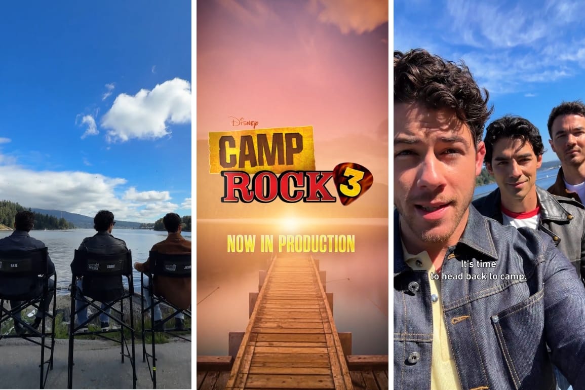 Three men by a lake, a Camp Rock 3 official poster, and three men outside smiling at the camera.