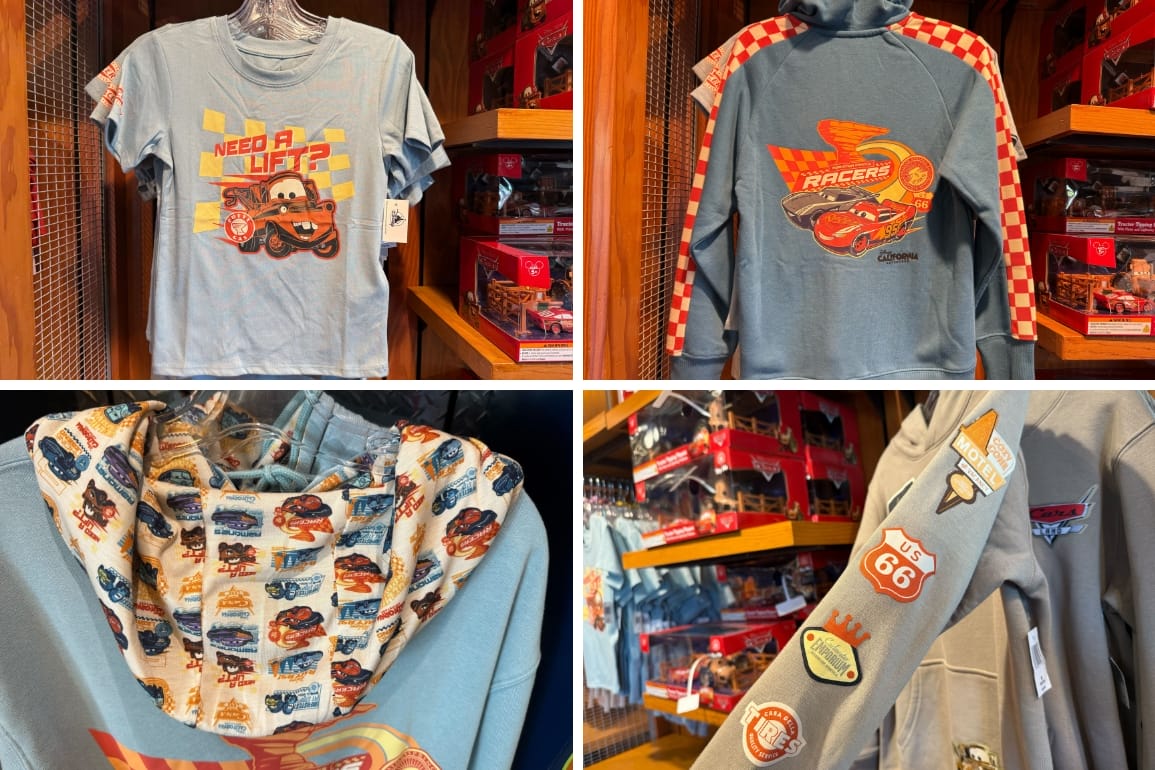Collage of Cars Land apparel: blue Tow Mater kids shirt, blue kids Radiator Springs Racers hoodie with red checkerboard sleeves, sweatshirt hood lined with a Cars character print, tan sweatshirt sleeve with different Cars logos