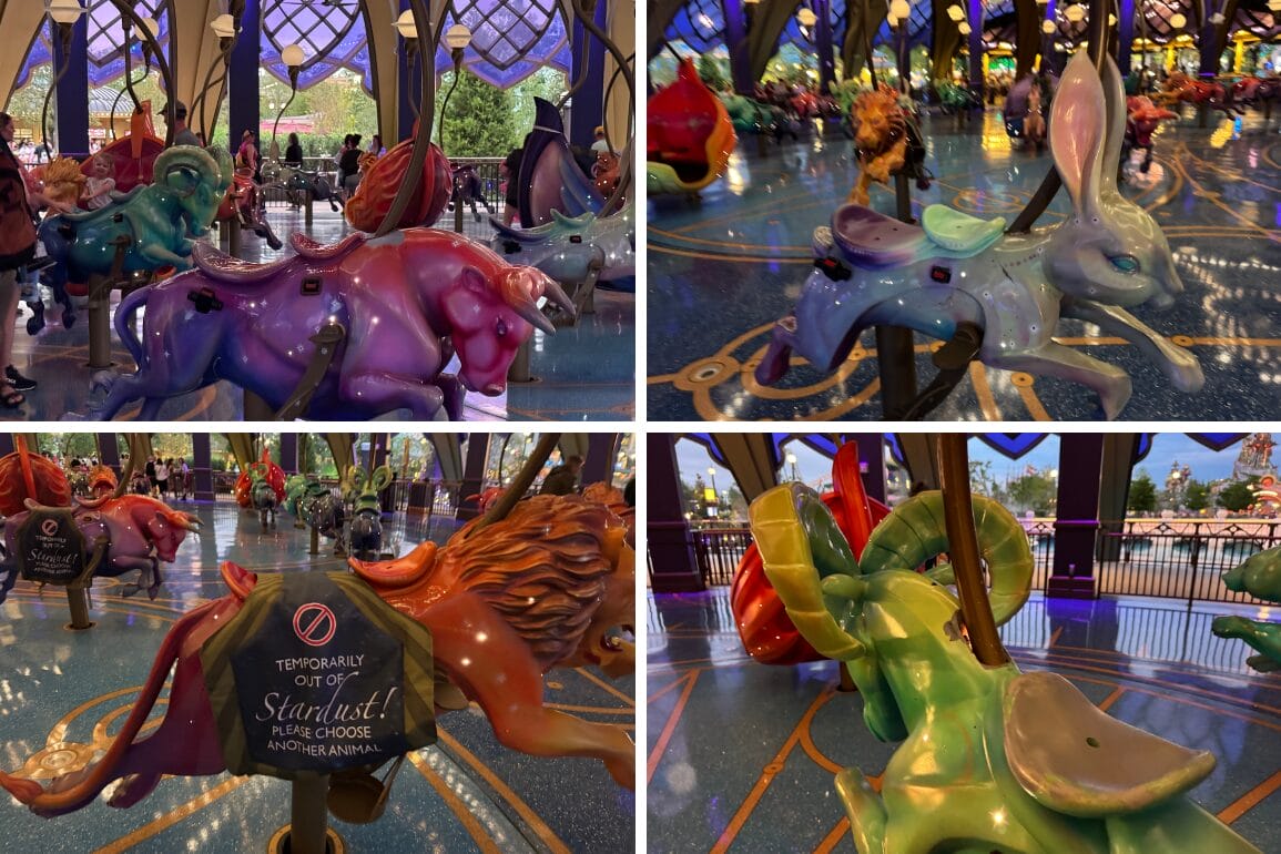 Four colorful, fantastical carousel creatures indoors—perfect for a rainy day at Epic Universe.